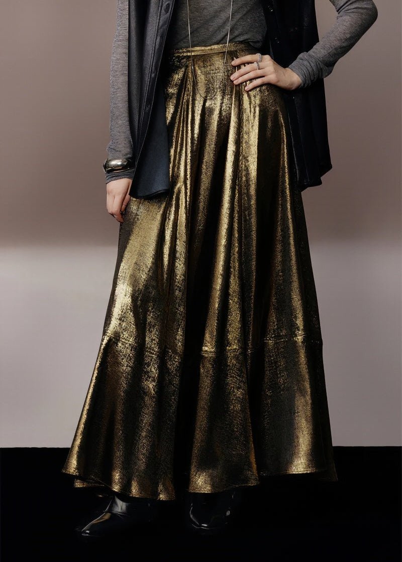 metallic gold A - line skirt & silhouette leather jacket - Vera Lumina