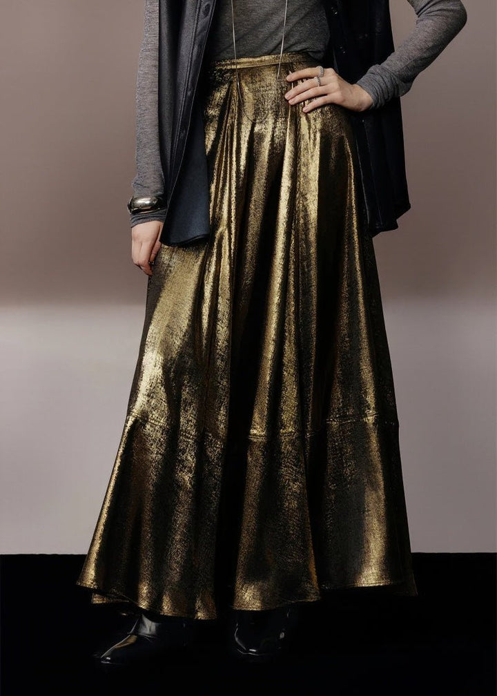 metallic gold A - line skirt & silhouette leather jacket - Vera Lumina