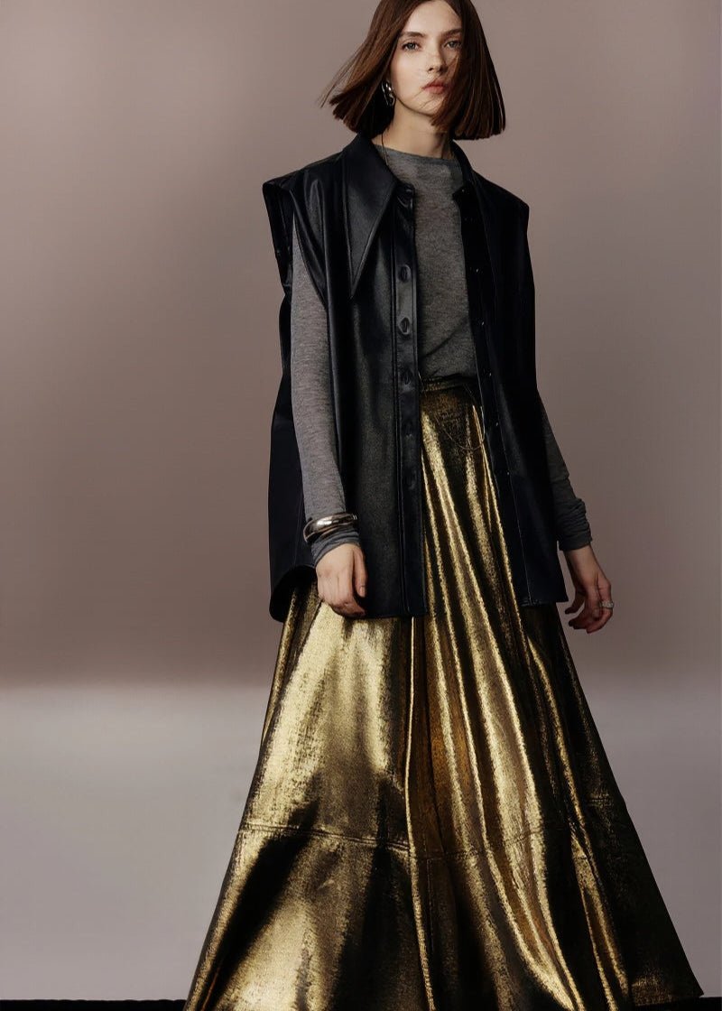 metallic gold A - line skirt & silhouette leather jacket - Vera Lumina