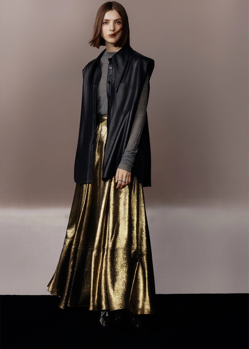 metallic gold A - line skirt & silhouette leather jacket - Vera Lumina