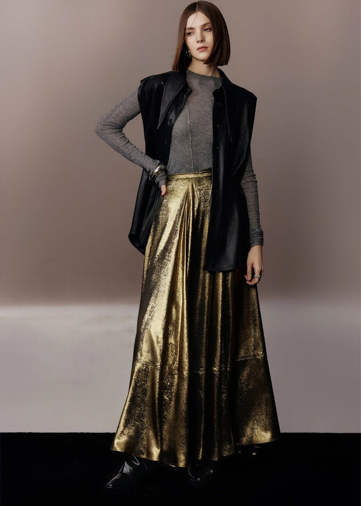 metallic gold A - line skirt & silhouette leather jacket - Vera Lumina