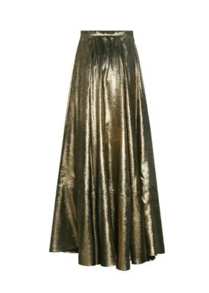 metallic gold A - line skirt & silhouette leather jacket - Vera Lumina