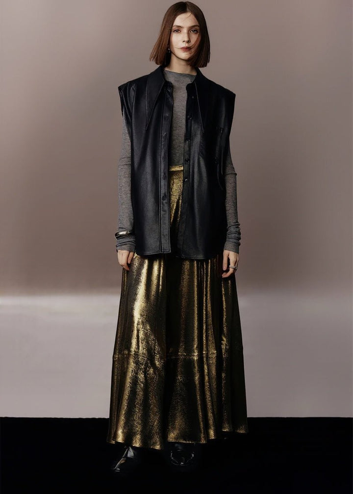 metallic gold A - line skirt & silhouette leather jacket - Vera Lumina