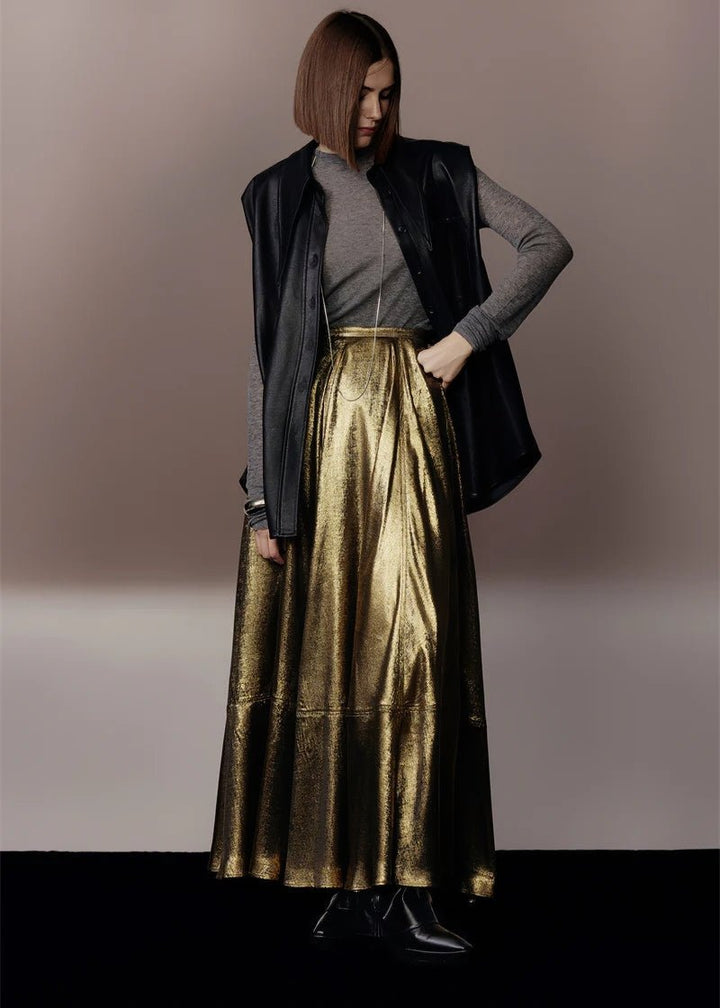 metallic gold A - line skirt & silhouette leather jacket - Vera Lumina