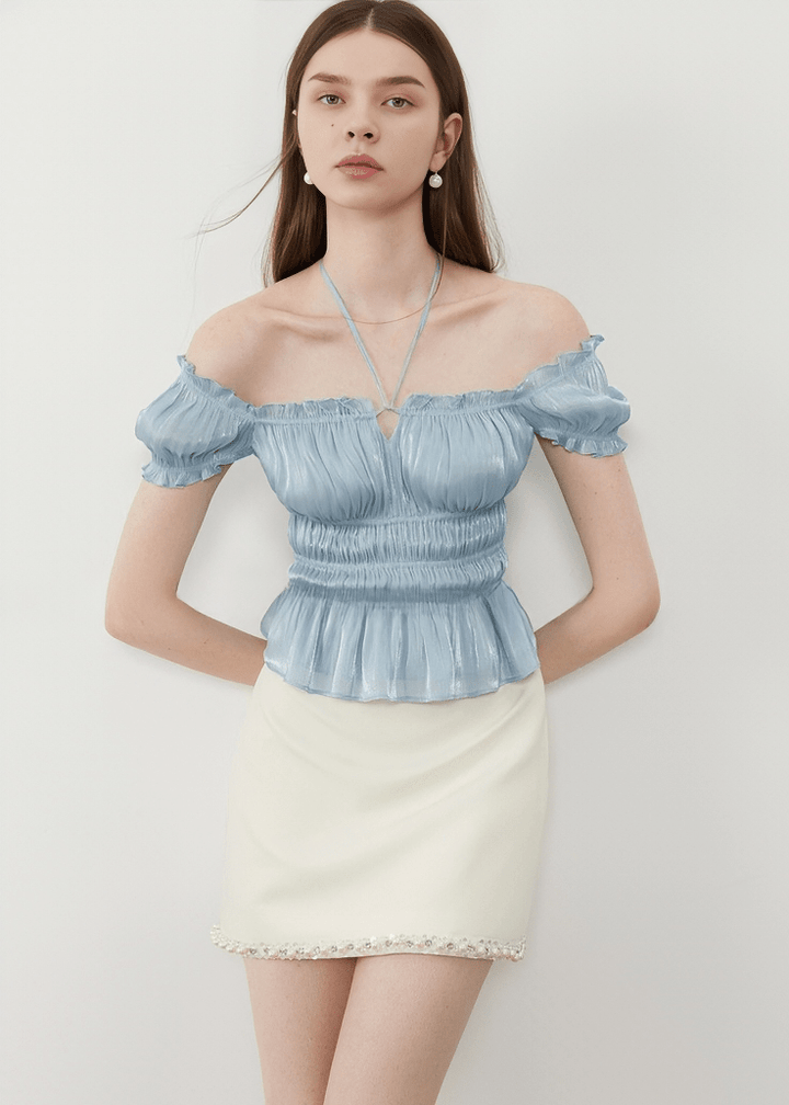 METALLIC SHIRRED PEASANT BLOUSE - Vera Lumina