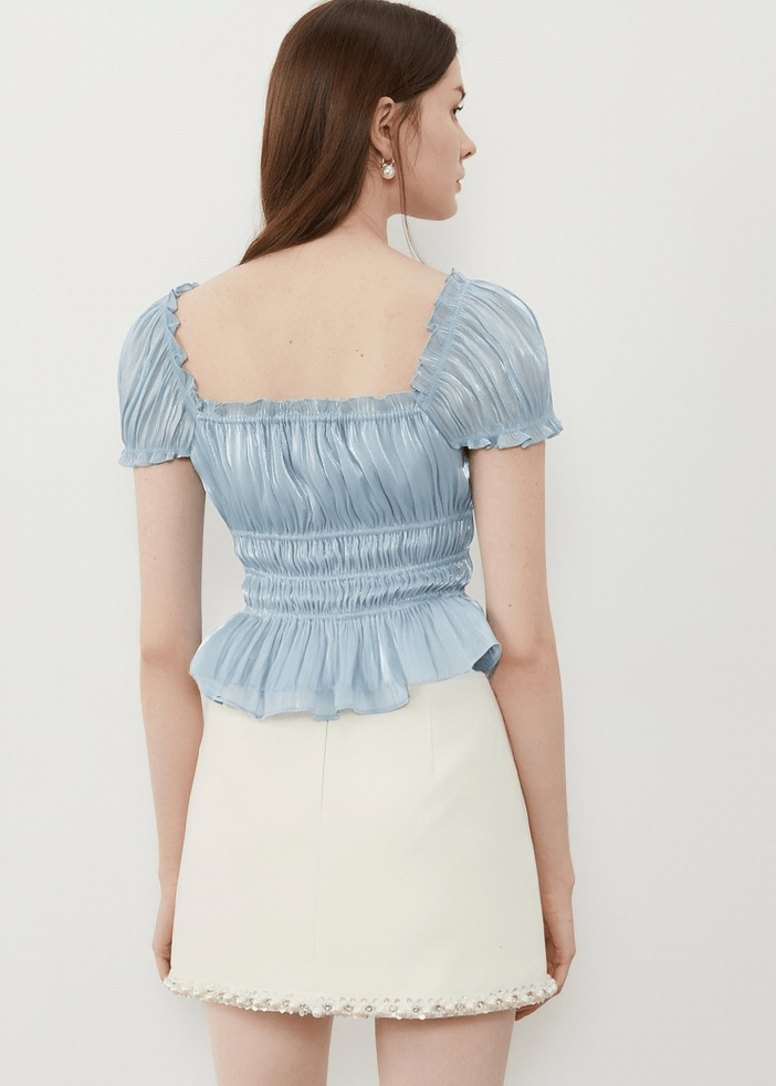 METALLIC SHIRRED PEASANT BLOUSE - Vera Lumina