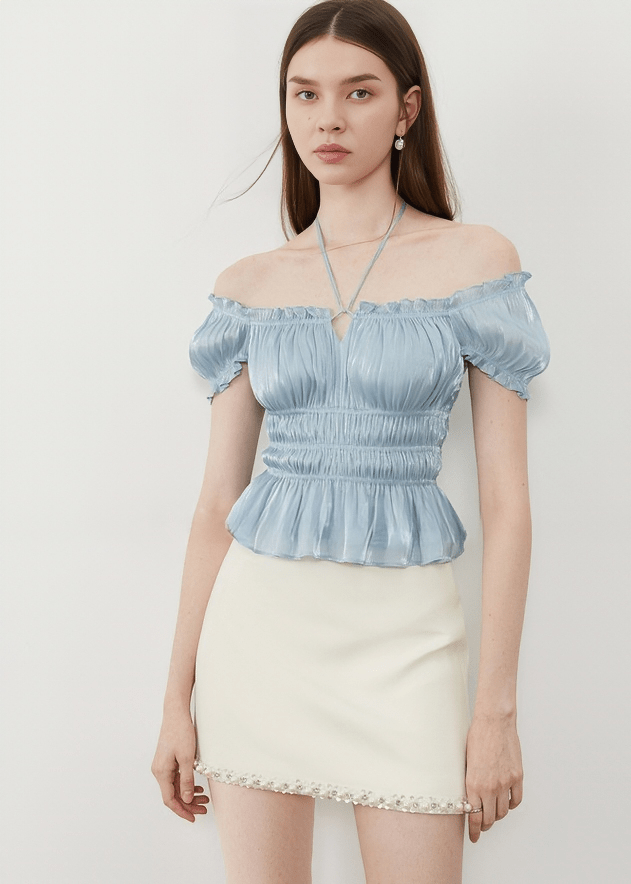 METALLIC SHIRRED PEASANT BLOUSE - Vera Lumina