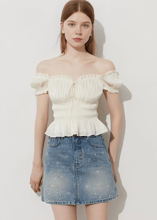 METALLIC SHIRRED PEASANT BLOUSE - Vera Lumina