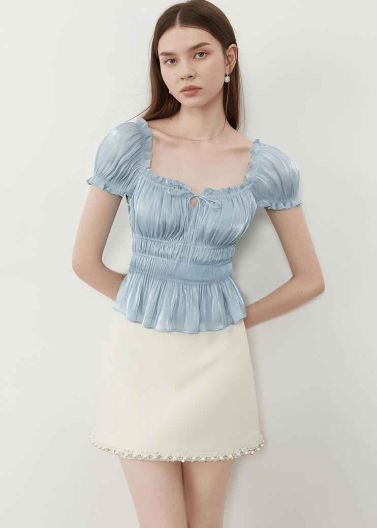 METALLIC SHIRRED PEASANT BLOUSE - Vera Lumina