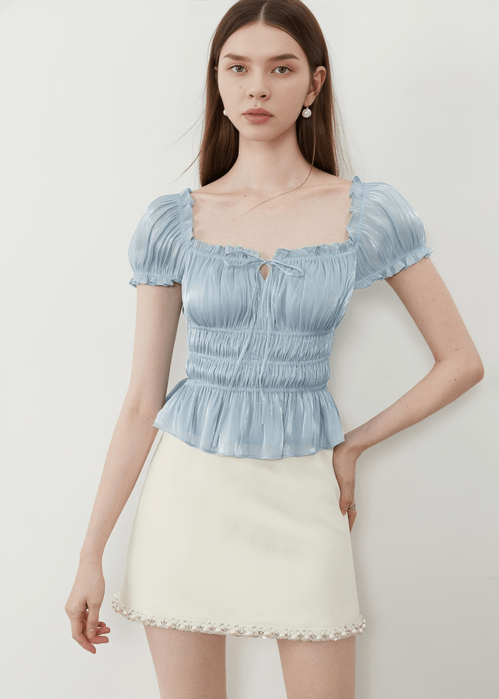 METALLIC SHIRRED PEASANT BLOUSE - Vera Lumina
