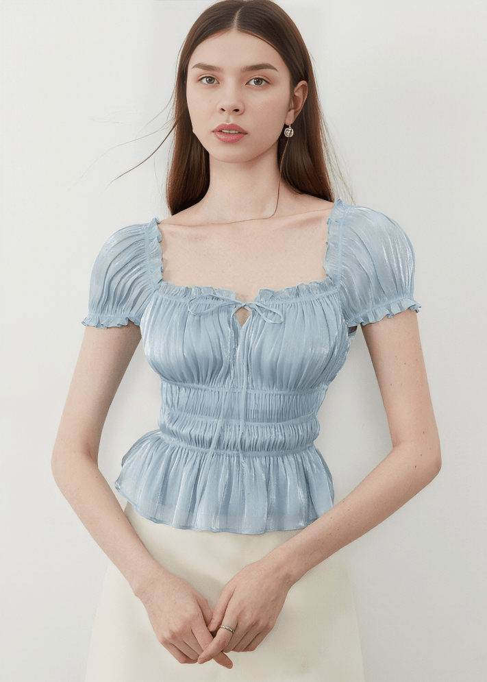 METALLIC SHIRRED PEASANT BLOUSE - Vera Lumina
