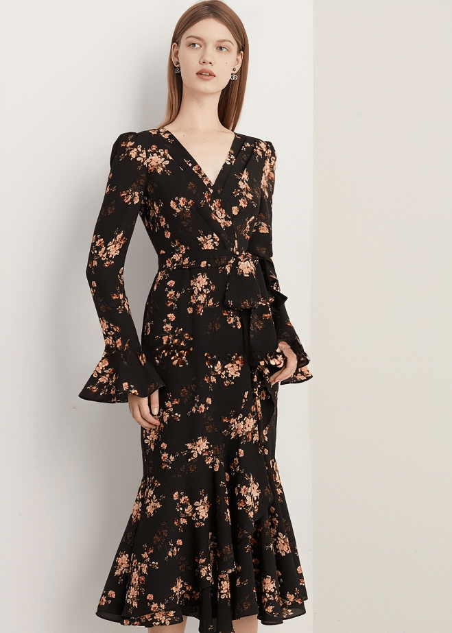 MIDNIGHT BOTANICAL SURPLICE FLOUNCE DRESS - Vera Lumina