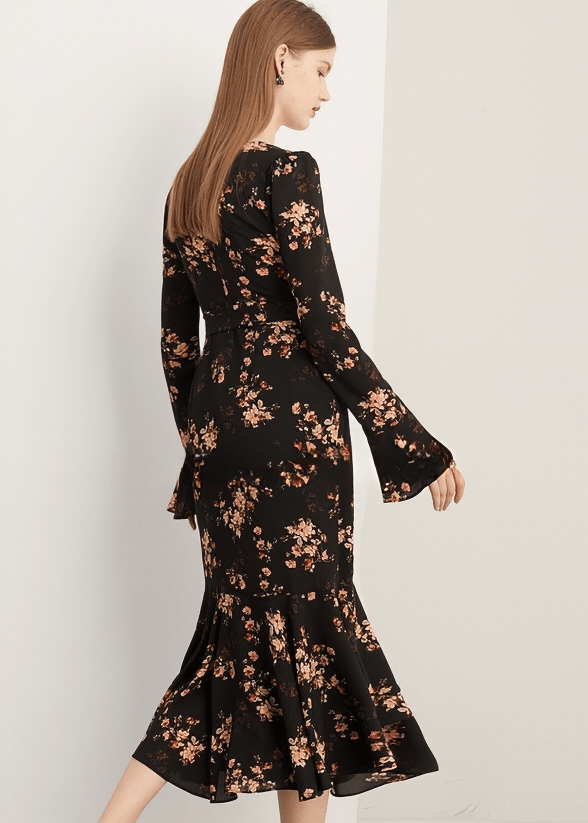 MIDNIGHT BOTANICAL SURPLICE FLOUNCE DRESS - Vera Lumina