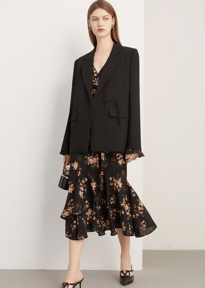 MIDNIGHT BOTANICAL SURPLICE FLOUNCE DRESS - Vera Lumina