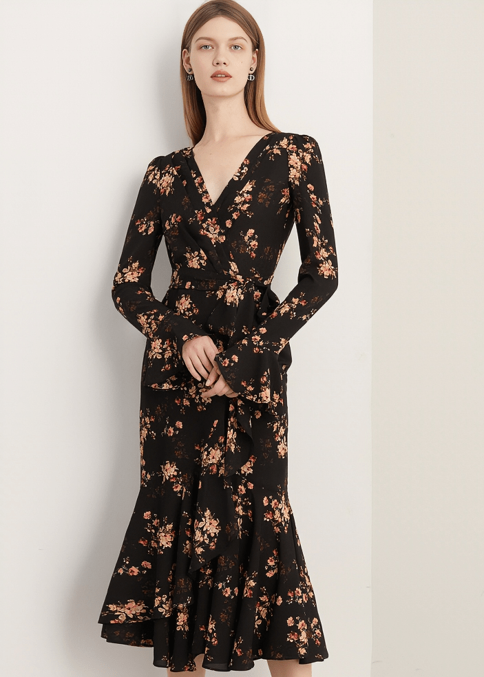 MIDNIGHT BOTANICAL SURPLICE FLOUNCE DRESS - Vera Lumina