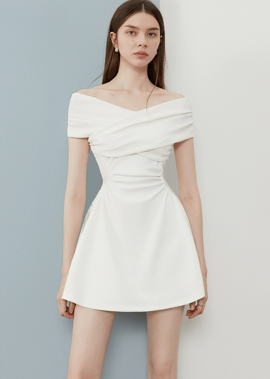 OFF SHOULDER CROSSOVER MINI DRESS - Vera Lumina