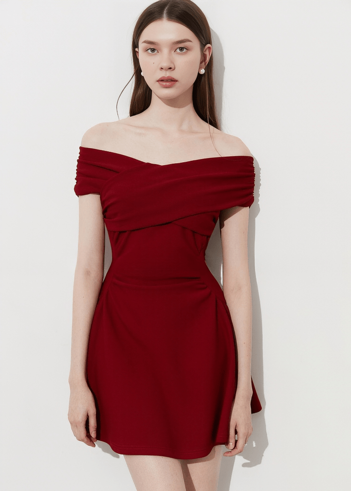 OFF SHOULDER CROSSOVER MINI DRESS - Vera Lumina