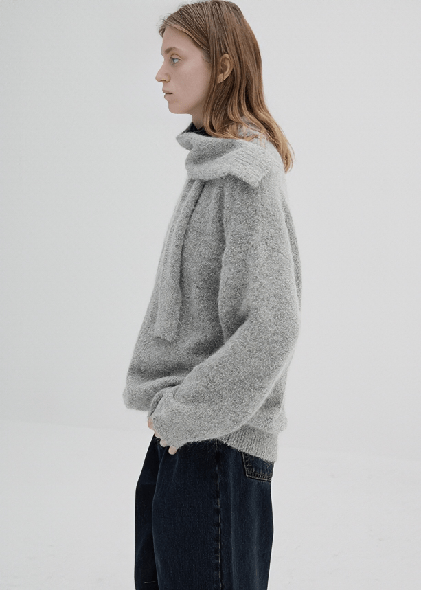 OVERSIZED KNIT CARDIGAN WITH ATTACHED SCARF - Vera Lumina