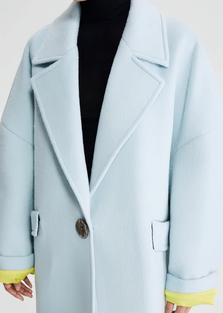 pastel blue contrasting cocoon woolen coat - Vera Lumina