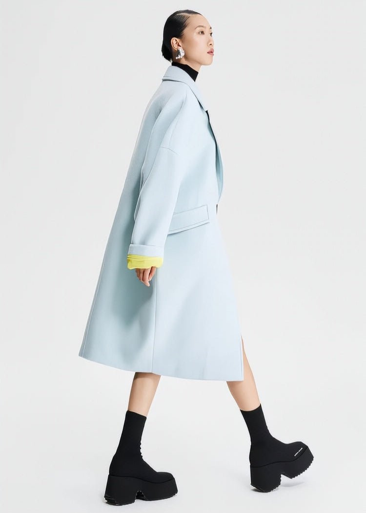 pastel blue contrasting cocoon woolen coat - Vera Lumina
