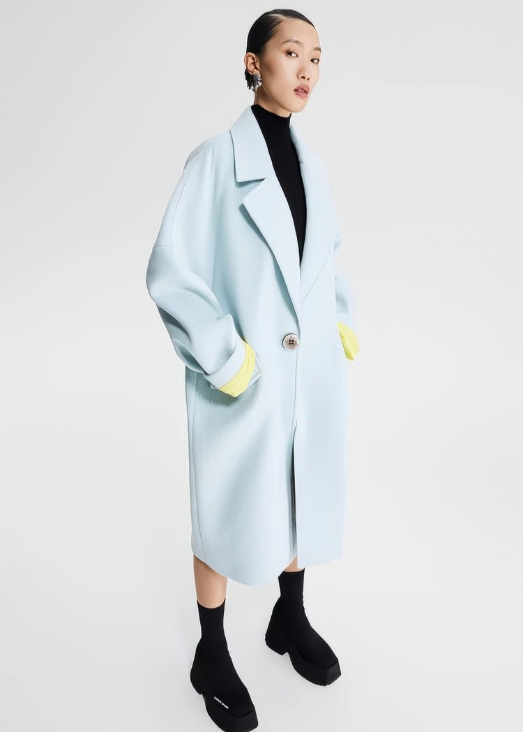 pastel blue contrasting cocoon woolen coat - Vera Lumina
