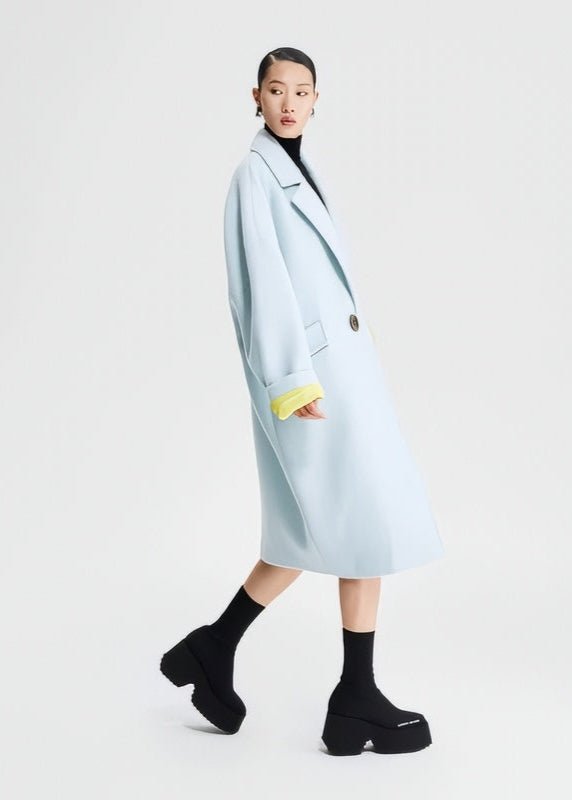 pastel blue contrasting cocoon woolen coat - Vera Lumina
