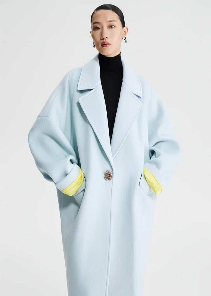 pastel blue contrasting cocoon woolen coat - Vera Lumina