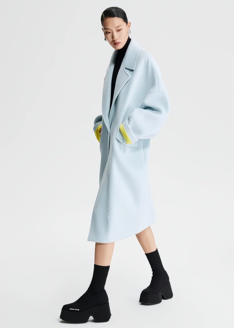 pastel blue contrasting cocoon woolen coat - Vera Lumina