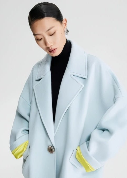 pastel blue contrasting cocoon woolen coat - Vera Lumina