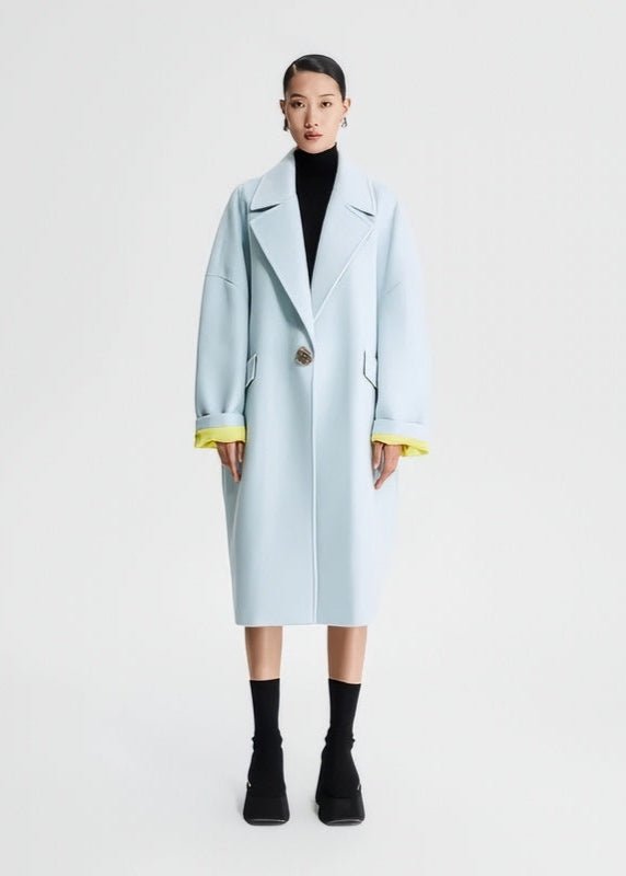 pastel blue contrasting cocoon woolen coat - Vera Lumina