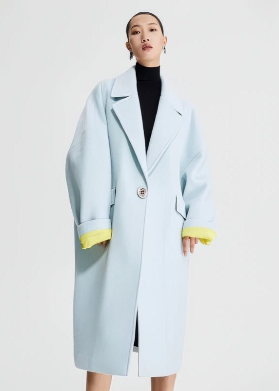 pastel blue contrasting cocoon woolen coat - Vera Lumina