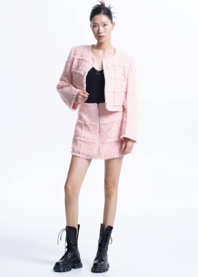 pastel pink spliced tweed short skirt - Vera Lumina