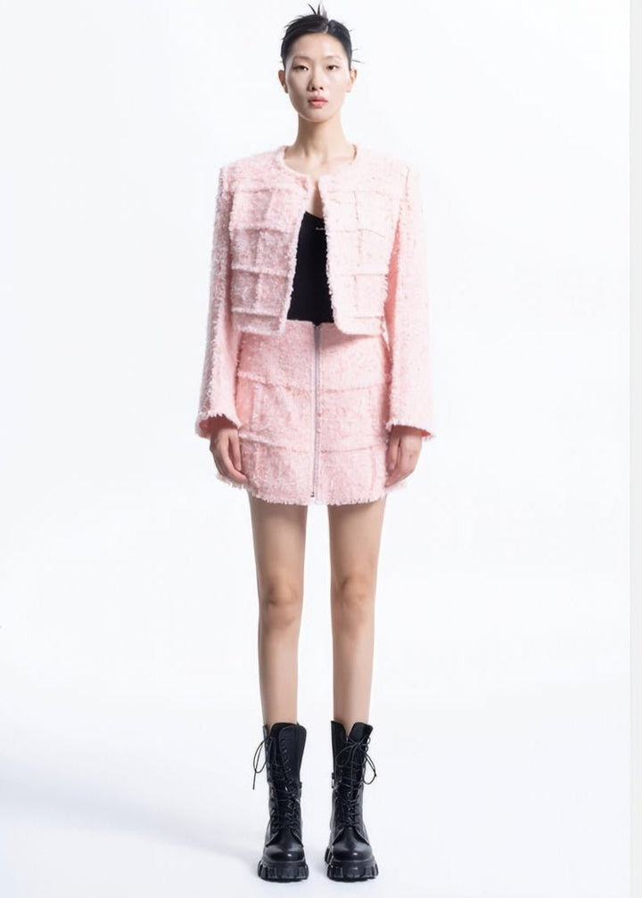 pastel pink spliced tweed short skirt - Vera Lumina
