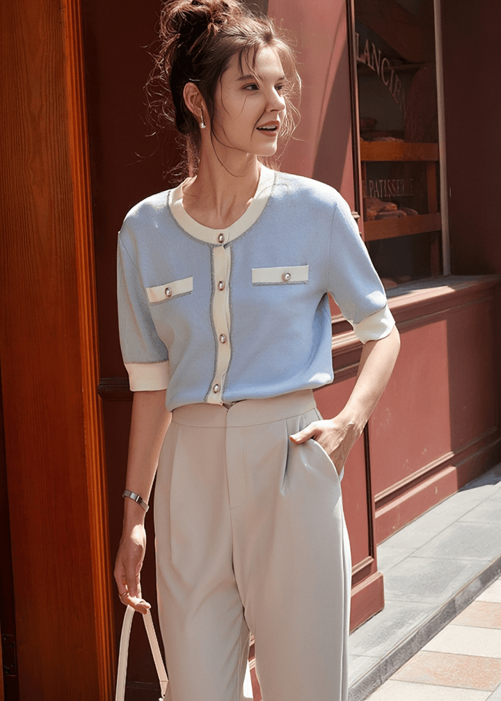 PEARL BUTTON CONTRAST PIPING CARDIGAN - Vera Lumina