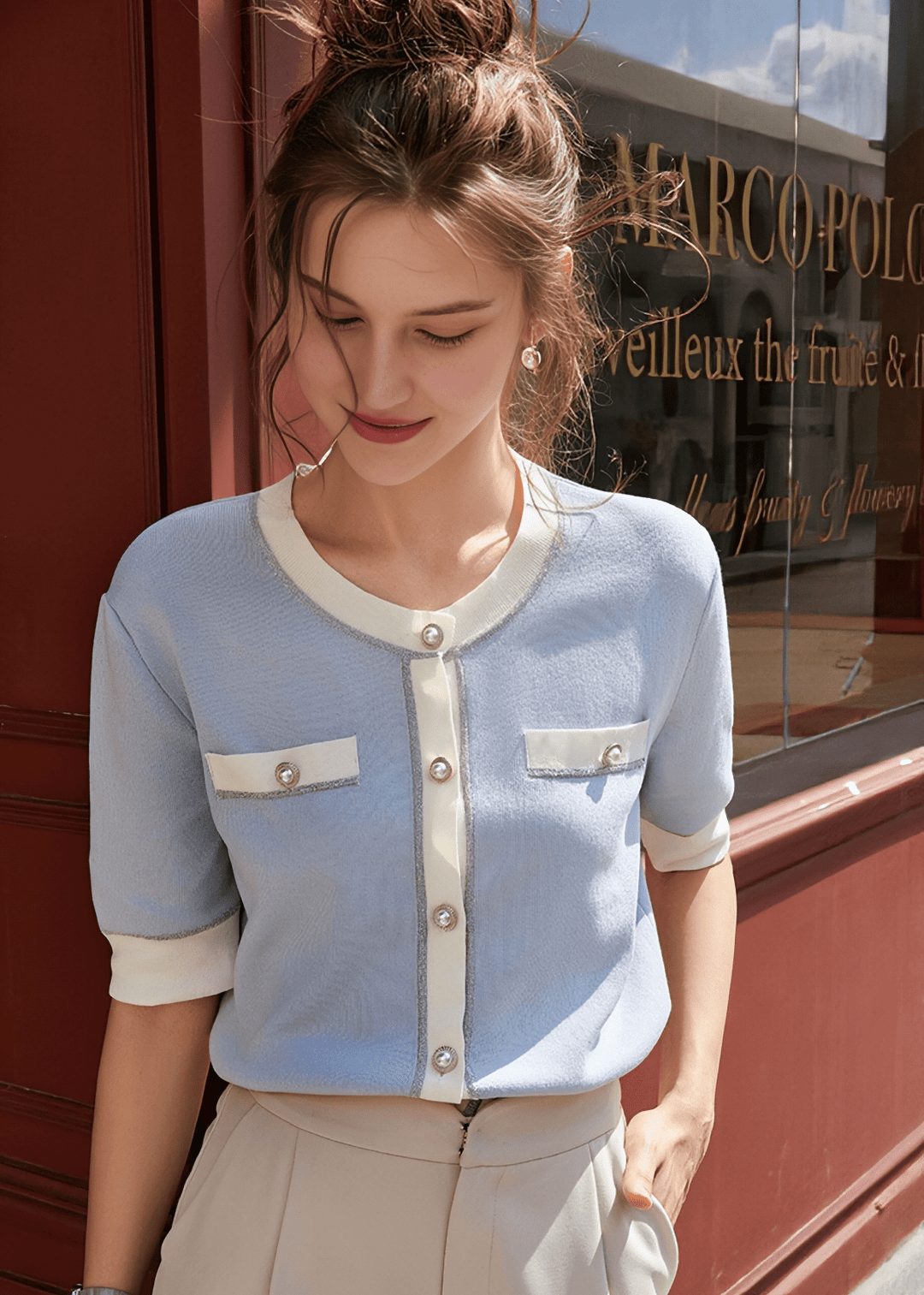 PEARL BUTTON CONTRAST PIPING CARDIGAN - Vera Lumina