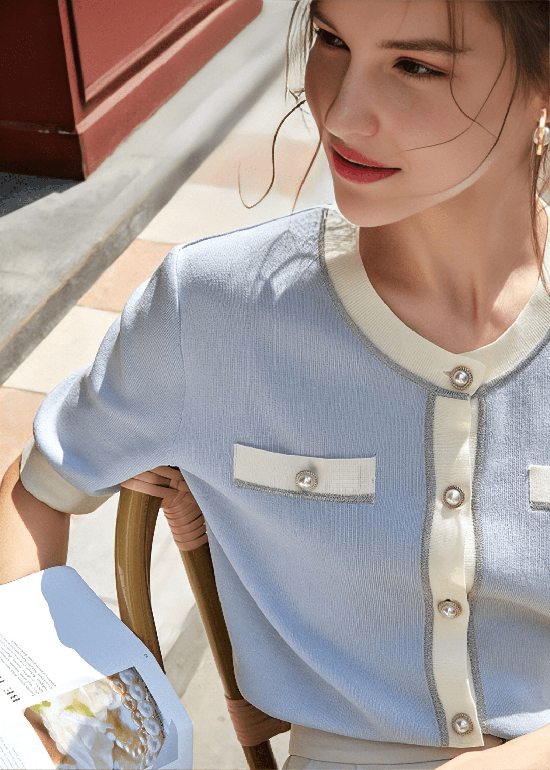 PEARL BUTTON CONTRAST PIPING CARDIGAN - Vera Lumina