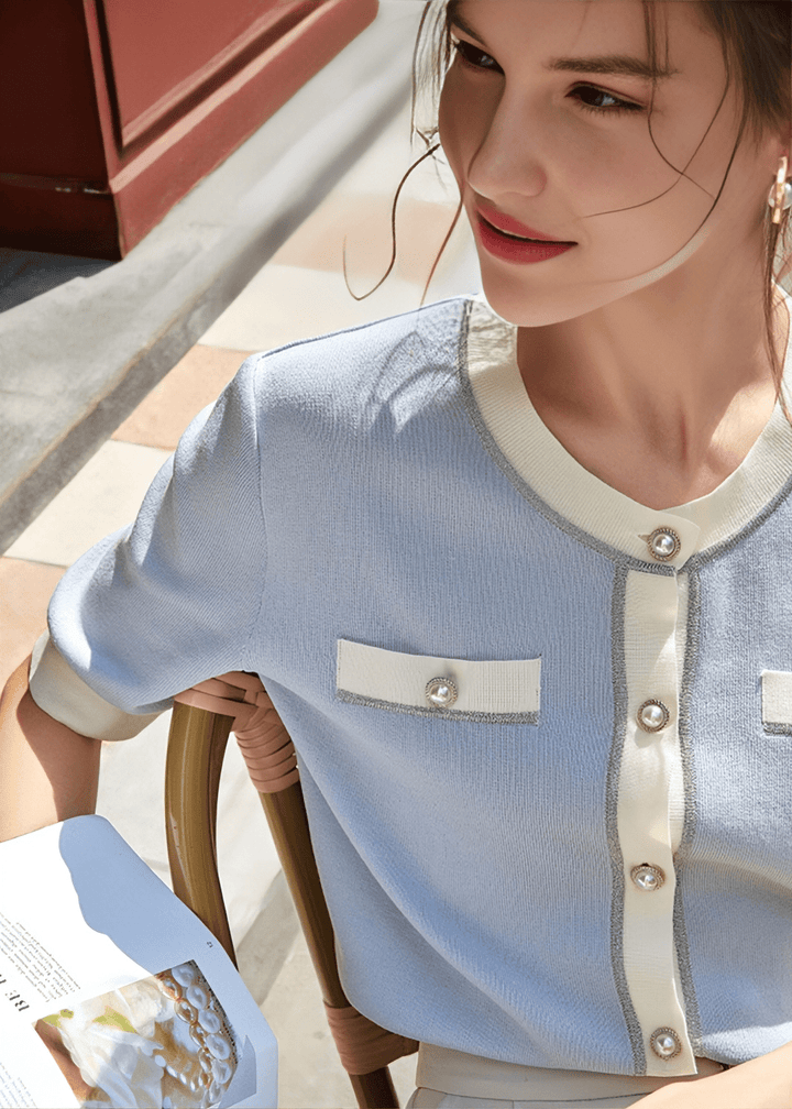 PEARL BUTTON CONTRAST PIPING CARDIGAN - Vera Lumina