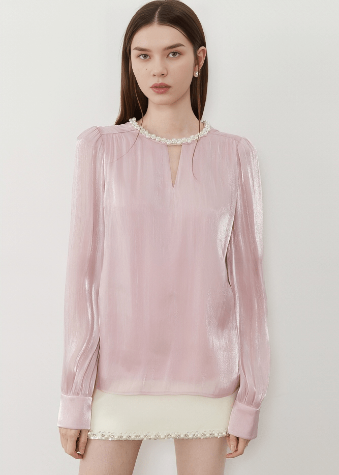 PEARL EMBELLISHED KEYHOLE PUFF BLOUSE - Vera Lumina