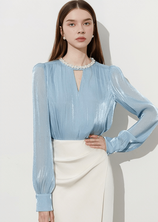 PEARL EMBELLISHED KEYHOLE PUFF BLOUSE - Vera Lumina