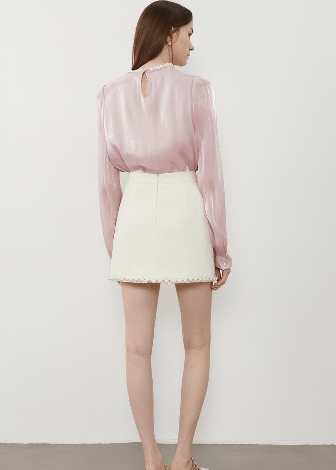 PEARL EMBELLISHED KEYHOLE PUFF BLOUSE - Vera Lumina
