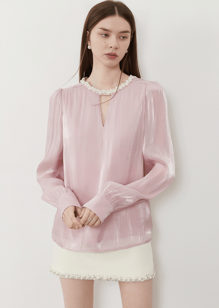 PEARL EMBELLISHED KEYHOLE PUFF BLOUSE - Vera Lumina
