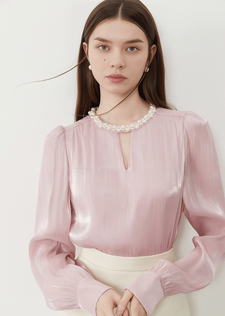 PEARL EMBELLISHED KEYHOLE PUFF BLOUSE - Vera Lumina