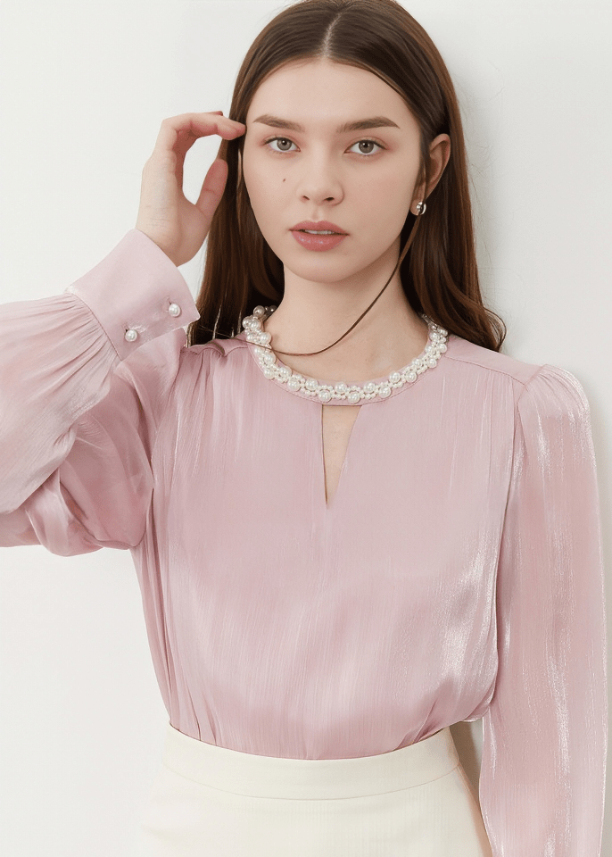 PEARL EMBELLISHED KEYHOLE PUFF BLOUSE - Vera Lumina