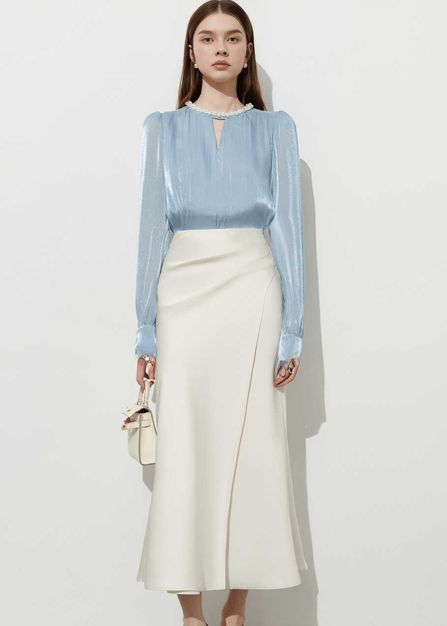 PEARL NECK SATIN BLOUSE - Vera Lumina