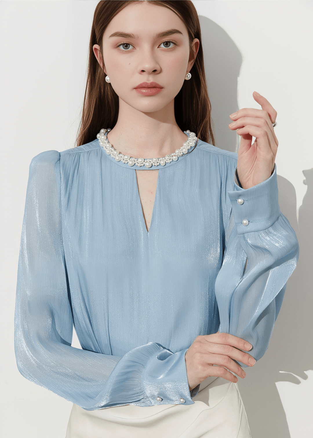 PEARL NECK SATIN BLOUSE - Vera Lumina