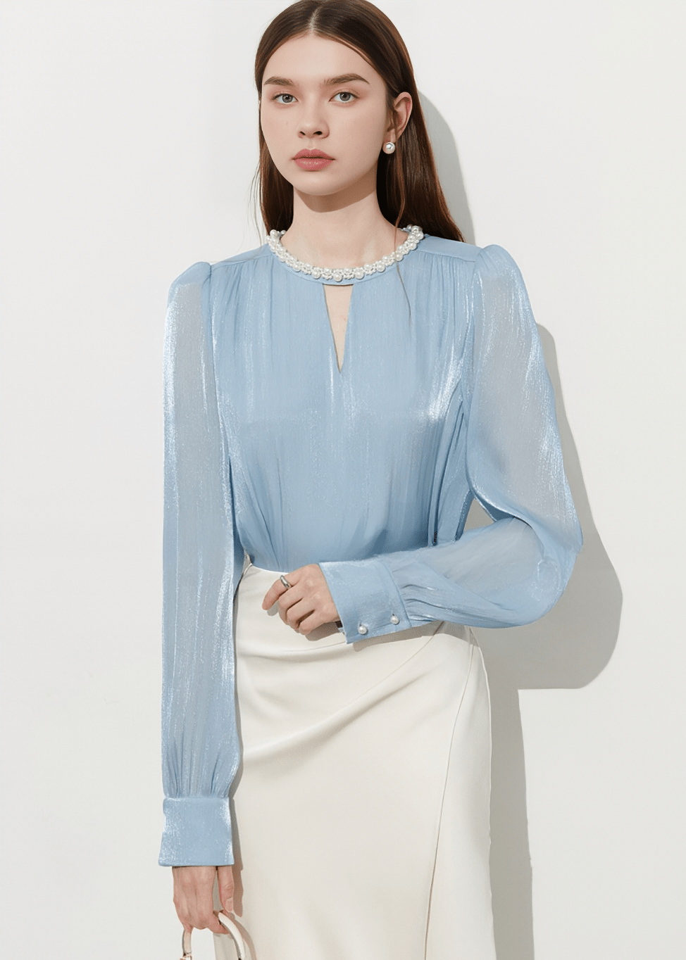 PEARL NECK SATIN BLOUSE - Vera Lumina