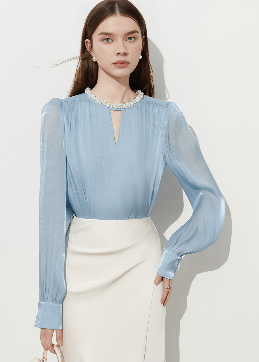 PEARL NECK SATIN BLOUSE - Vera Lumina