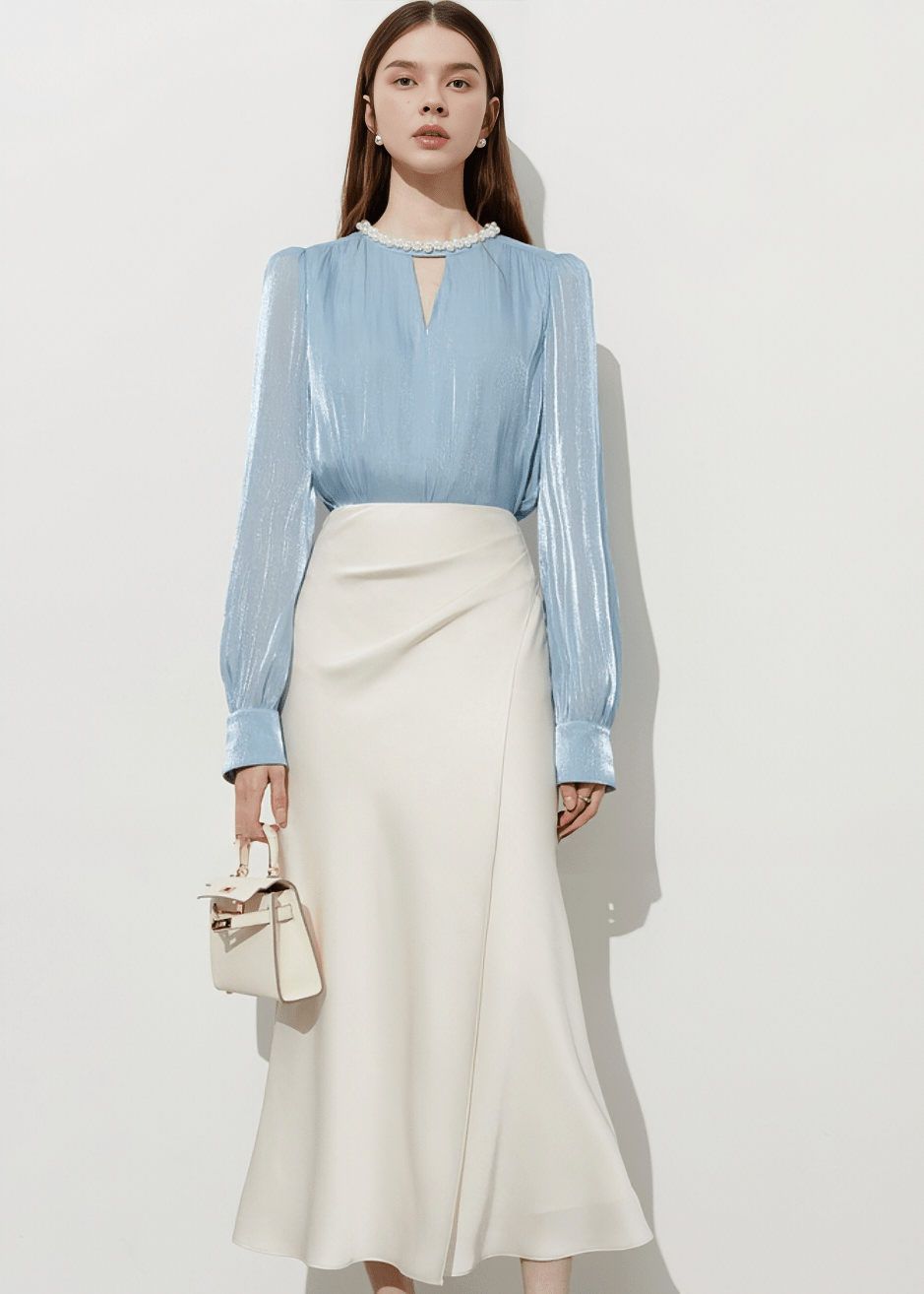 PEARL NECK SATIN BLOUSE - Vera Lumina