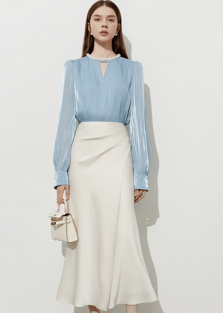 PEARL NECK SATIN BLOUSE - Vera Lumina