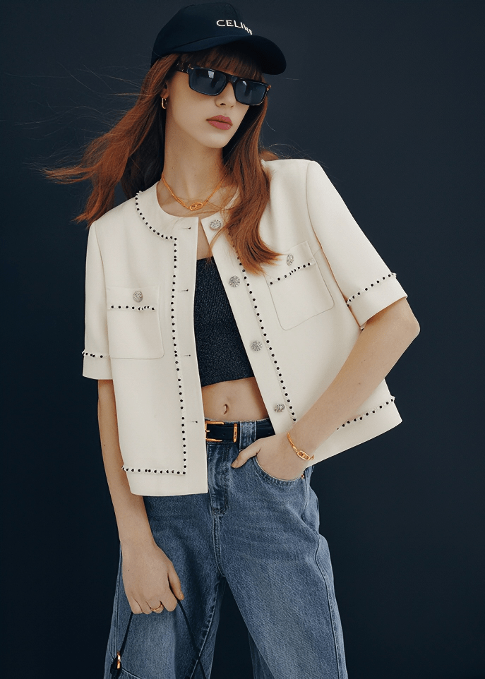 PEARL STUDDED TWEED JACKET - Vera Lumina
